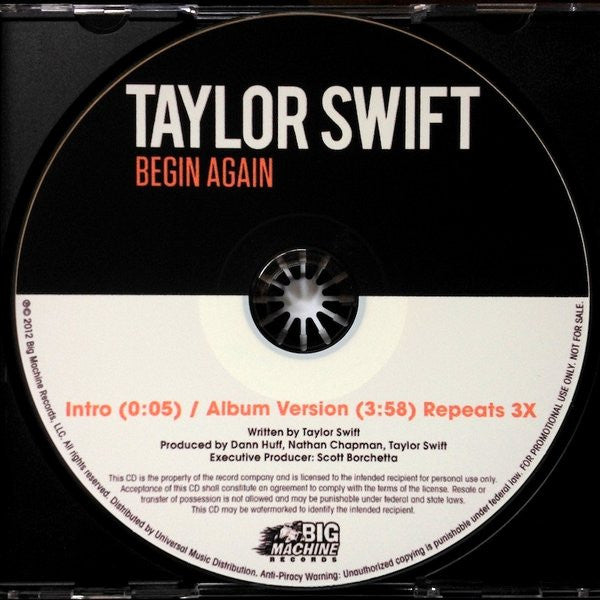 Taylor Swift : Begin Again (CD, Single, Promo)