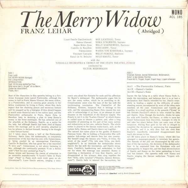 Franz Lehár, Nora Jungwirth, Max Lichtegg, Hugo Kratz, Willy Schöneweiss, Willy Ferenz, Manfred Jungwirth, Rolf Sander (2), Wanda Von Kobierska, Hans Hopf, Tonhalle-Orchester Zürich, Victor Reinshagen : The Merry Widow (Abridged) (LP, Mono)