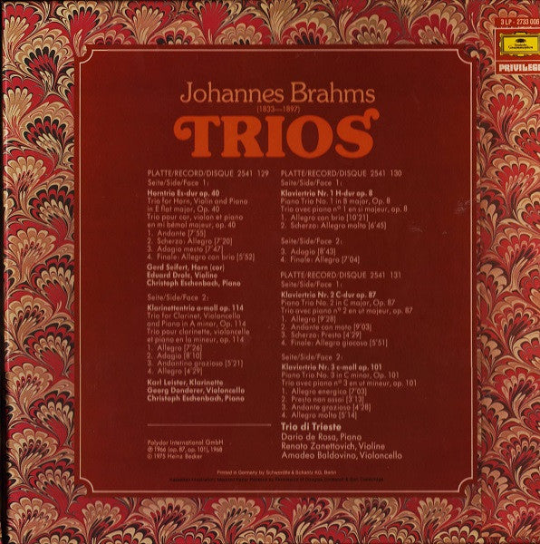 Johannes Brahms, Georg Donderer - Eduard Drolc - Christoph Eschenbach - Karl Leister - Gerd Seifert - Trio Di Trieste : Trios (3xLP + Box, Comp)