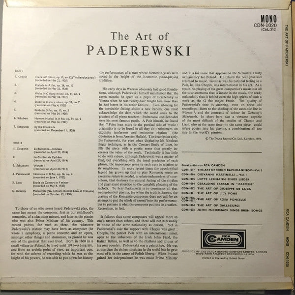 Ignacy Jan Paderewski : The Art Of Paderewski (LP)