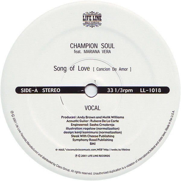 Champion Soul Ft. Mariana Vera : Song Of Love (Cancion De Amor) (12")