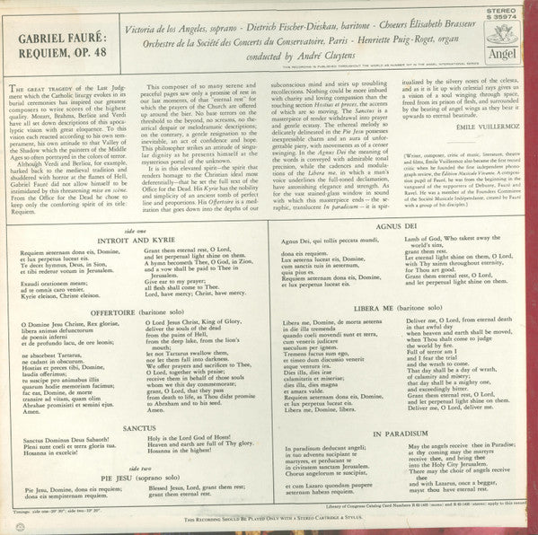 Gabriel Fauré : Victoria De Los Angeles, Dietrich Fischer-Dieskau, Choeurs Elisabeth Brasseur And Orchestre De La Société Des Concerts Du Conservatoire / André Cluytens : Requiem (LP, Album)