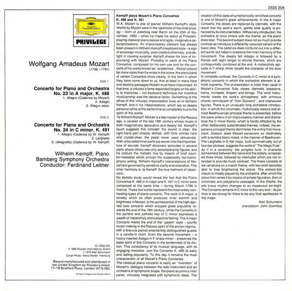 Wolfgang Amadeus Mozart, Wilhelm Kempff, Bamberger Symphoniker, Ferdinand Leitner : Piano Concertos No. 23 In A Major, K. 488 ∙ No. 24 In C Minor, K. 491 (LP, RE)