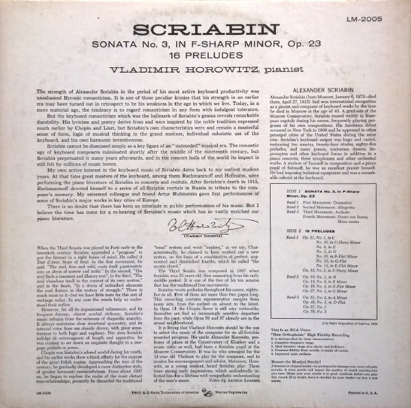 Vladimir Horowitz, Alexander Scriabine : Sonata No. 3, Op. 23 / 16 Preludes (LP, Album, Mono)