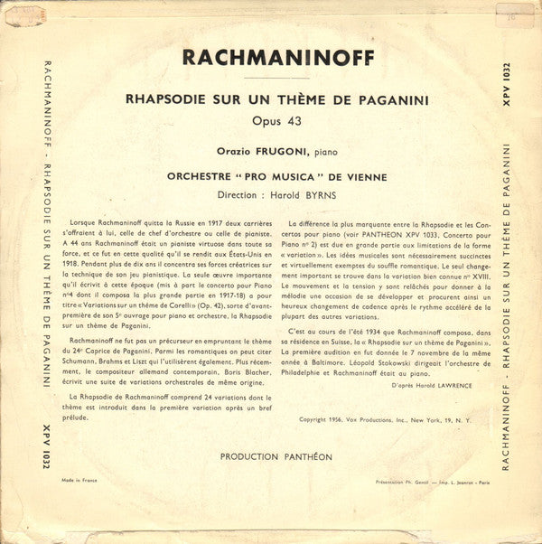 Sergei Vasilyevich Rachmaninoff : Rhapsodie Sur Un Thème De Paganini, Opus 43 (10")