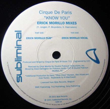 Cirque De Paris : Know You (Erick Morillo Mixes) (12")