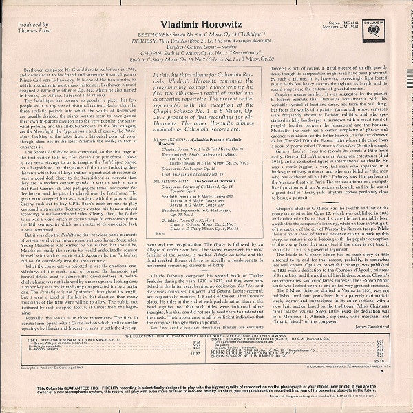 Vladimir Horowitz, Ludwig van Beethoven, Claude Debussy, Frédéric Chopin : In His First Recordings Of: Beethoven: "Pathétique" Sonata; Debussy: Three Preludes; Chopin: Two Etudes; Chopin: Scherzo No. 1 In B Minor (LP, Mono)