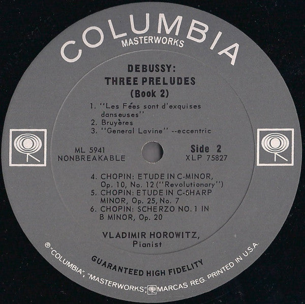 Vladimir Horowitz, Ludwig van Beethoven, Claude Debussy, Frédéric Chopin : In His First Recordings Of: Beethoven: "Pathétique" Sonata; Debussy: Three Preludes; Chopin: Two Etudes; Chopin: Scherzo No. 1 In B Minor (LP, Mono)