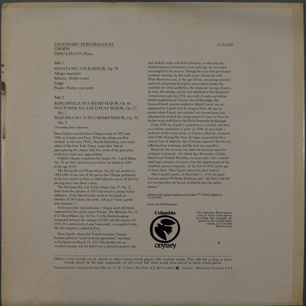 Frédéric Chopin, Dinu Lipatti : Sonata N. 3 In B Minor, Op. 58 / Barcarolle In F-Sharp Major, Op. 60 / Nocturne No. 8 In D-Flat Major, Op. 27, No. 2 / Mazurka No. 32 In C-Sharp Minor, Op. 50, No. 3 (LP, Mono)