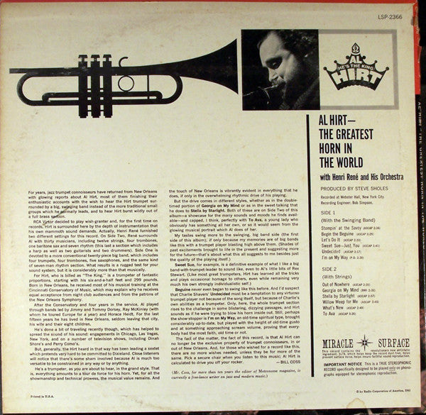 Al Hirt With Henri René And His Orchestra : The Greatest Horn In The World (LP, Ind)