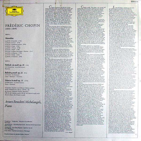 Frédéric Chopin, Arturo Benedetti Michelangeli : 10 Mazurkas · Prélude Op. 45 · Ballade Op.23 · Scherzo Op. 31 (LP)