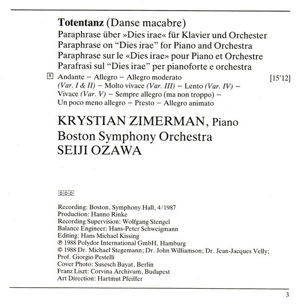 Franz Liszt / Krystian Zimerman / Boston Symphony Orchestra · Seiji Ozawa : Klavierkonzerte Nos. 1 & 2 · Totentanz · Piano Concertos · Concertos Pour Piano (CD, Club)