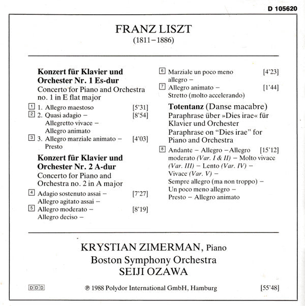 Franz Liszt / Krystian Zimerman / Boston Symphony Orchestra · Seiji Ozawa : Klavierkonzerte Nos. 1 & 2 · Totentanz · Piano Concertos · Concertos Pour Piano (CD, Club)