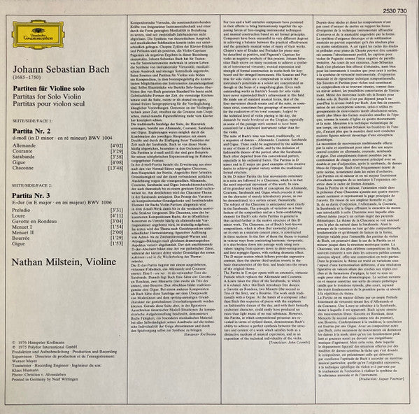 Johann Sebastian Bach, Nathan Milstein : Partiten Für Violine Solo No.2 D-moll • No.3 E-dur = Partitas For Solo Violin In D Minor • In E Major (LP)