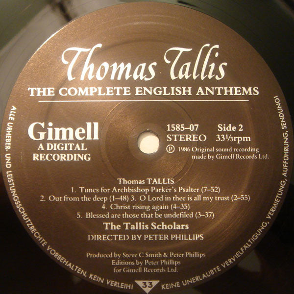 Thomas Tallis - The Tallis Scholars Directed By Peter Phillips (2) : The Complete English Anthems (LP)