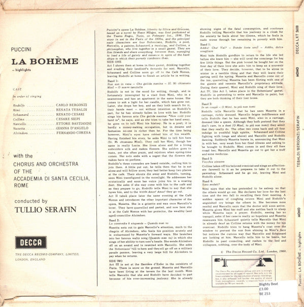 Giacomo Puccini / Renata Tebaldi, Carlo Bergonzi, Ettore Bastianini, Cesare Siepi, Fernando Corena, Tullio Serafin : La Bohème (LP, Mono)