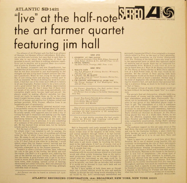 Art Farmer Quartet Featuring Jim Hall : "Live" At The Half-Note (LP, Album)