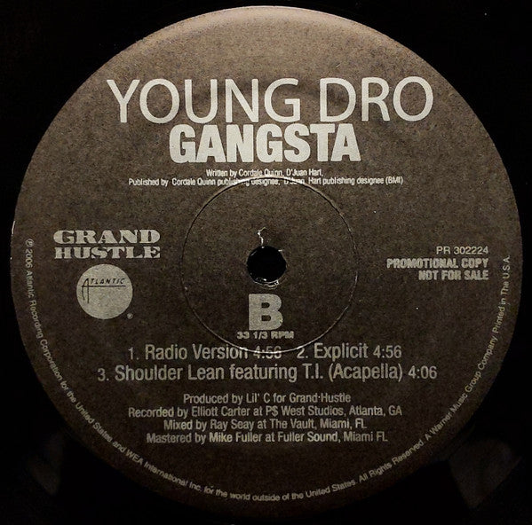 Young Dro : Shoulder Lean / Gangsta (12", Promo)