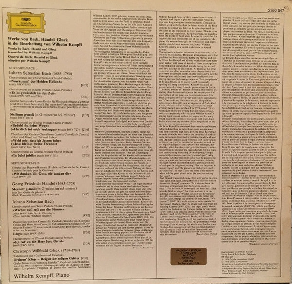 Johann Sebastian Bach, Georg Friedrich Händel, Christoph Willibald Gluck, Wilhelm Kempff : Bach - Handel - Gluck (LP, Album)