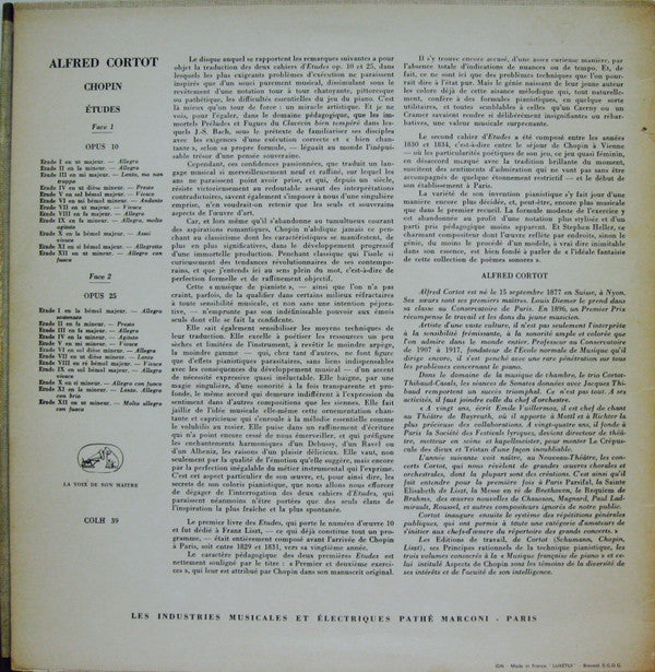 Alfred Cortot, Frédéric Chopin : Études Op. 10 Et Op. 25 (LP, RE)