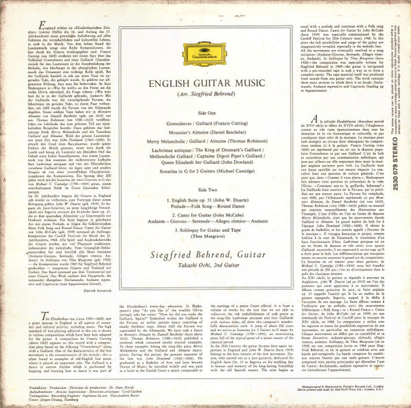 Francis Cutting, Daniel Bacheler, Thomas Robinson, John Dowland, Michael Camidge, John W. Duarte, John McCabe (2), Thea Musgrave - Siegfried Behrend : English Guitar Music (LP)