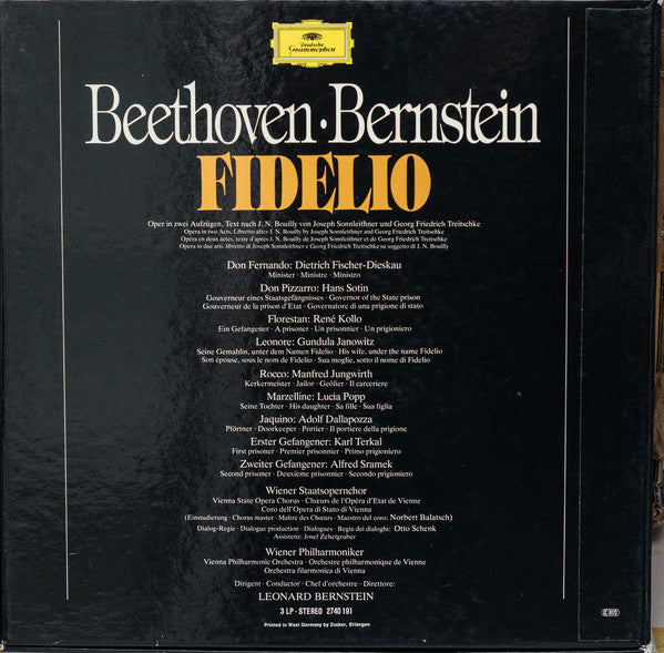 Ludwig van Beethoven - Leonard Bernstein - Wiener Staatsopernchor - Wiener Philharmoniker, Gundula Janowitz, Lucia Popp, René Kollo, Hans Sotin, Dietrich Fischer-Dieskau, Manfred Jungwirth, Adolf Dallapozza : Fidelio  (3xLP, Album + Box)