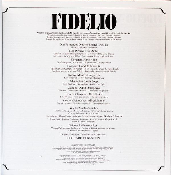 Ludwig van Beethoven - Leonard Bernstein - Wiener Staatsopernchor - Wiener Philharmoniker, Gundula Janowitz, Lucia Popp, René Kollo, Hans Sotin, Dietrich Fischer-Dieskau, Manfred Jungwirth, Adolf Dallapozza : Fidelio  (3xLP, Album + Box)