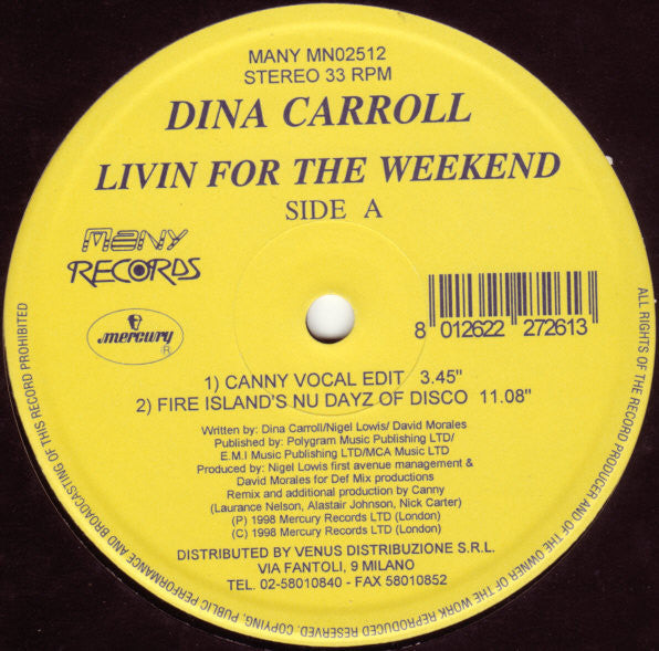 Dina Carroll : Livin For The Weekend (12")