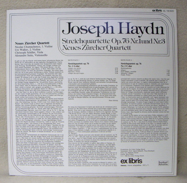 Joseph Haydn, Neues Zürcher Quartett : Streichquartette Op 76 Nr.1 Und Nr.3 (LP)