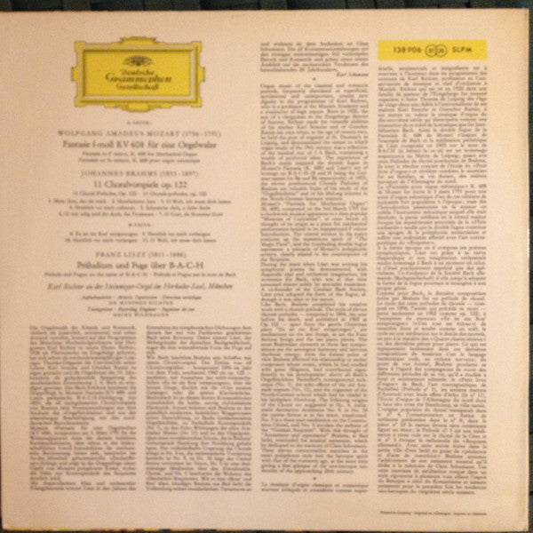 Karl Richter, Wolfgang Amadeus Mozart, Johannes Brahms, Franz Liszt : Karl Richter An Der Steinmeyer-Orgel Im Herkules-Saal, München (LP, Album)