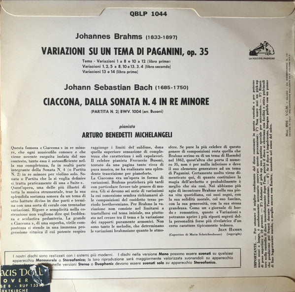 Johann Sebastian Bach, Johannes Brahms, Arturo Benedetti Michelangeli : Ciaccona / Variazioni Su Un Tema di Paganini, Op. 35 (10", Album, Mono)