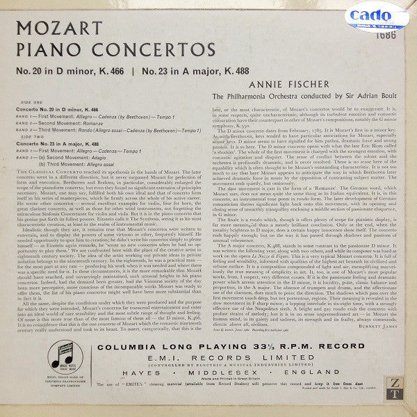 Wolfgang Amadeus Mozart, Annie Fischer, Philharmonia Orchestra, Sir Adrian Boult : Piano Concertos No. 20 In D Minor K.466 / No. 23 In A Major K.488 (LP, Mono)