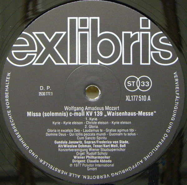 Wolfgang Amadeus Mozart, Gundula Janowitz, Frederica von Stade, Kurt Moll, Wiesław Ochman, Konzertvereinigung Wiener Staatsopernchor, Wiener Philharmoniker, Claudio Abbado : Messe KV 139 „Waisenhausmesse“ (LP, RE)