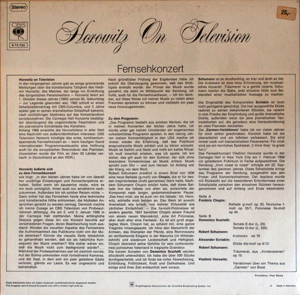 Vladimir Horowitz : Horowitz On Television - Fernsehkonzert (LP, Album)