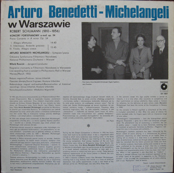 Robert Schumann, Arturo Benedetti Michelangeli, Orkiestra Symfoniczna Filharmonii Narodowej, Witold Rowicki : Arturo Benedetti Michelangeli W Warszawie (LP, Album, RM)