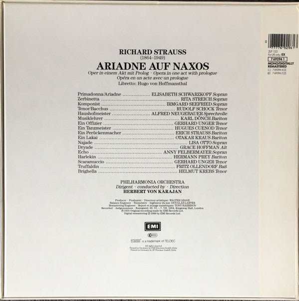 Richard Strauss, Schwarzkopf*, Streich*, Seefried*, Schock*, Prey*, Philharmonia Orchestra, Herbert von Karajan : Ariadne Auf Naxos (2xLP, Album, Mono, RE, RM + Box, Mono, RE)