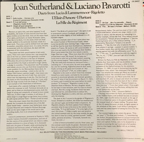 Joan Sutherland & Luciano Pavarotti : Duets from Lucia Di Lammermoor • Rigoletto • L'Elisir d'Amore La Fille du Régiment • I Puritani (LP, Comp)