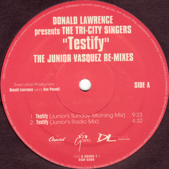 Donald Lawrence Pres. The Tri-City Singers : Testify (The Junior Vasquez Re-Mixes) (12")