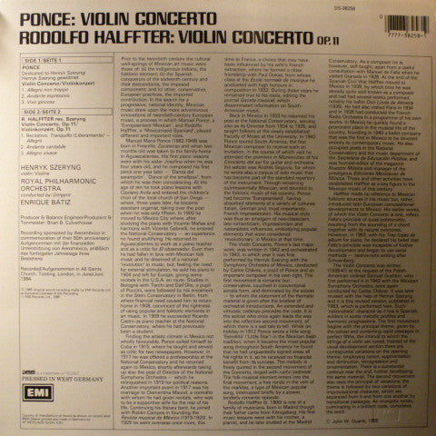 Manuel María Ponce Cuéllar / Rodolfo Halffter - Henryk Szeryng, The Royal Philharmonic Orchestra, Enrique Batiz : Violin Concerto / Violin Concerto Op.11 (LP, DMM)