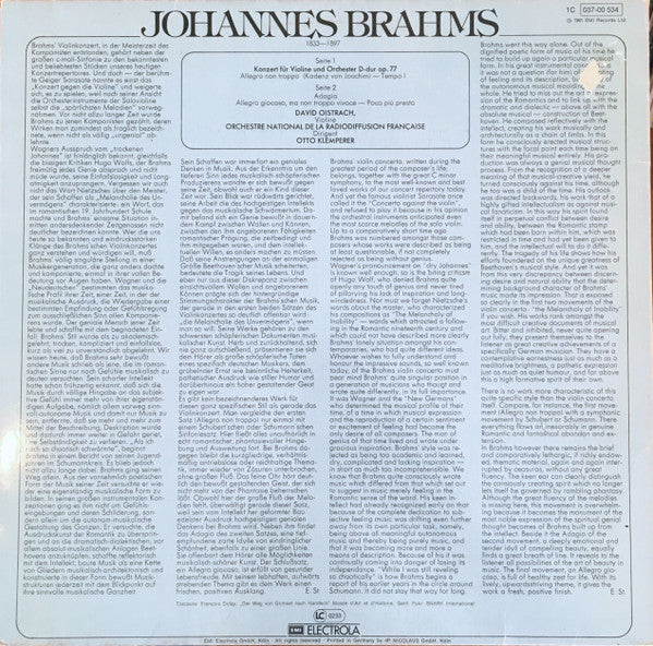 Johannes Brahms - David Oistrach, Orchestre National De la R.T.F., Otto Klemperer : Violinkonzert (LP, RE)