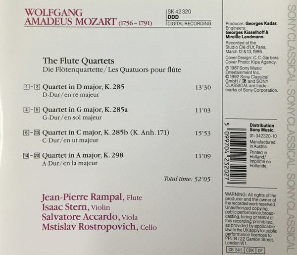 Wolfgang Amadeus Mozart, Jean-Pierre Rampal, Isaac Stern, Salvatore Accardo, Mstislav Rostropovich : The Flute Quartets K. 285, 285a, 285b, 298 (CD, Album)