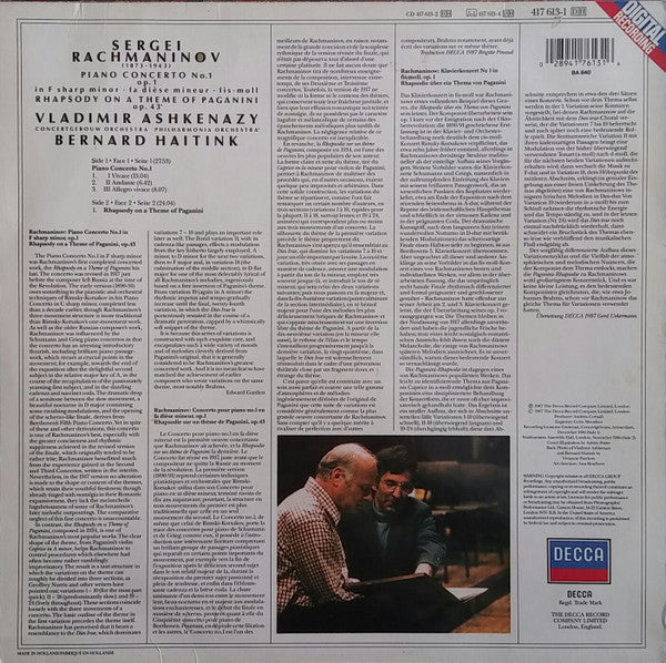 Sergei Vasilyevich Rachmaninoff, Vladimir Ashkenazy, Concertgebouworkest, Philharmonia Orchestra, Bernard Haitink : Piano Concerto No. 1 / Rhapsody On A Theme Of Paganini (LP, Album)