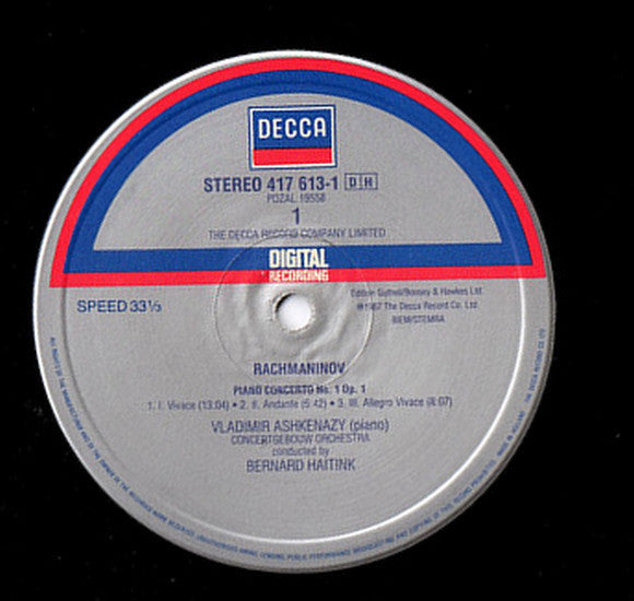 Sergei Vasilyevich Rachmaninoff, Vladimir Ashkenazy, Concertgebouworkest, Philharmonia Orchestra, Bernard Haitink : Piano Concerto No. 1 / Rhapsody On A Theme Of Paganini (LP, Album)