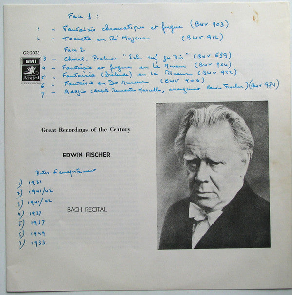 Johann Sebastian Bach, Edwin Fischer : Bach Recital  (LP, Mono)