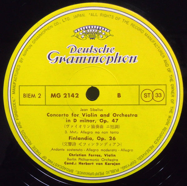 Jean Sibelius - Berliner Philharmoniker, Christian Ferras, Herbert Von Karajan : Concerto For Violin And Orchestra In D Minor, Op. 47 / Finlandia, Op. 26 (LP)