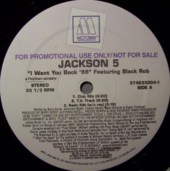 The Jackson 5 Featuring Black Rob : I Want You Back '98 (12", Promo)