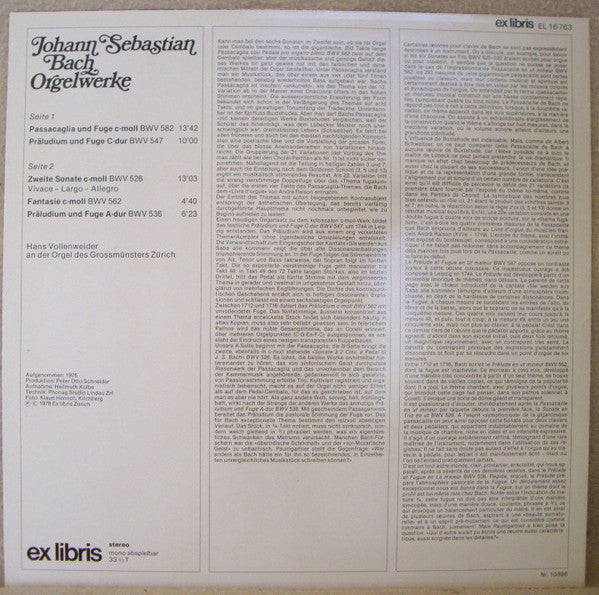 Johann Sebastian Bach, Hans Vollenweider : Orgelwerke (LP)