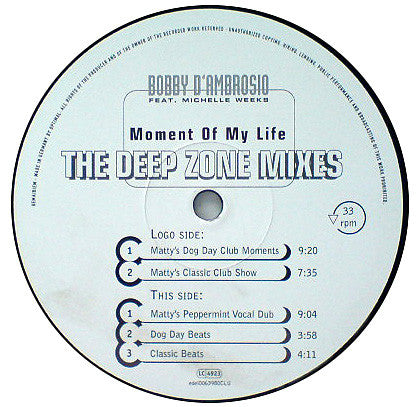 Bobby D'Ambrosio : Moment Of My Life (The Deepzone Mixes) (12")