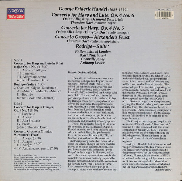 Georg Friedrich Händel, Philomusica Of London : Harp Concertos / Rodrigo Suite / Concerto Grosso "Alexander's Feast" (LP, Album, RE)