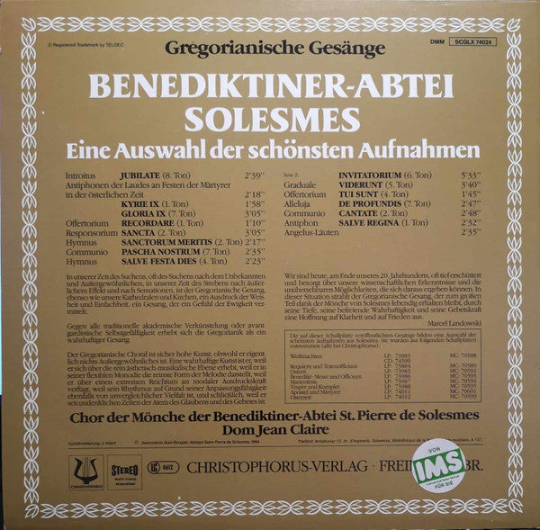 Chœur Des Moines De L'Abbaye Saint-Pierre De Solesmes, Dom Jean Claire : Gregorianische Gesänge. Eine Auswahl Der Schönsten Aufnahmen (LP, Comp)